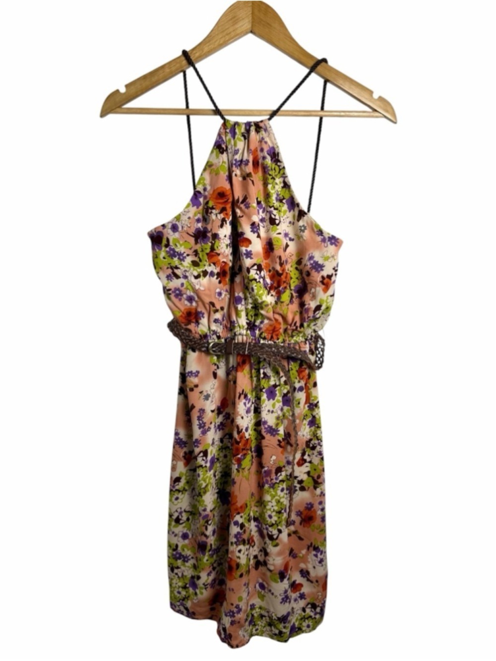 Kismet Aubrey NWT Floral Halter Dress Small Boho Braided Belt Rope Straps
